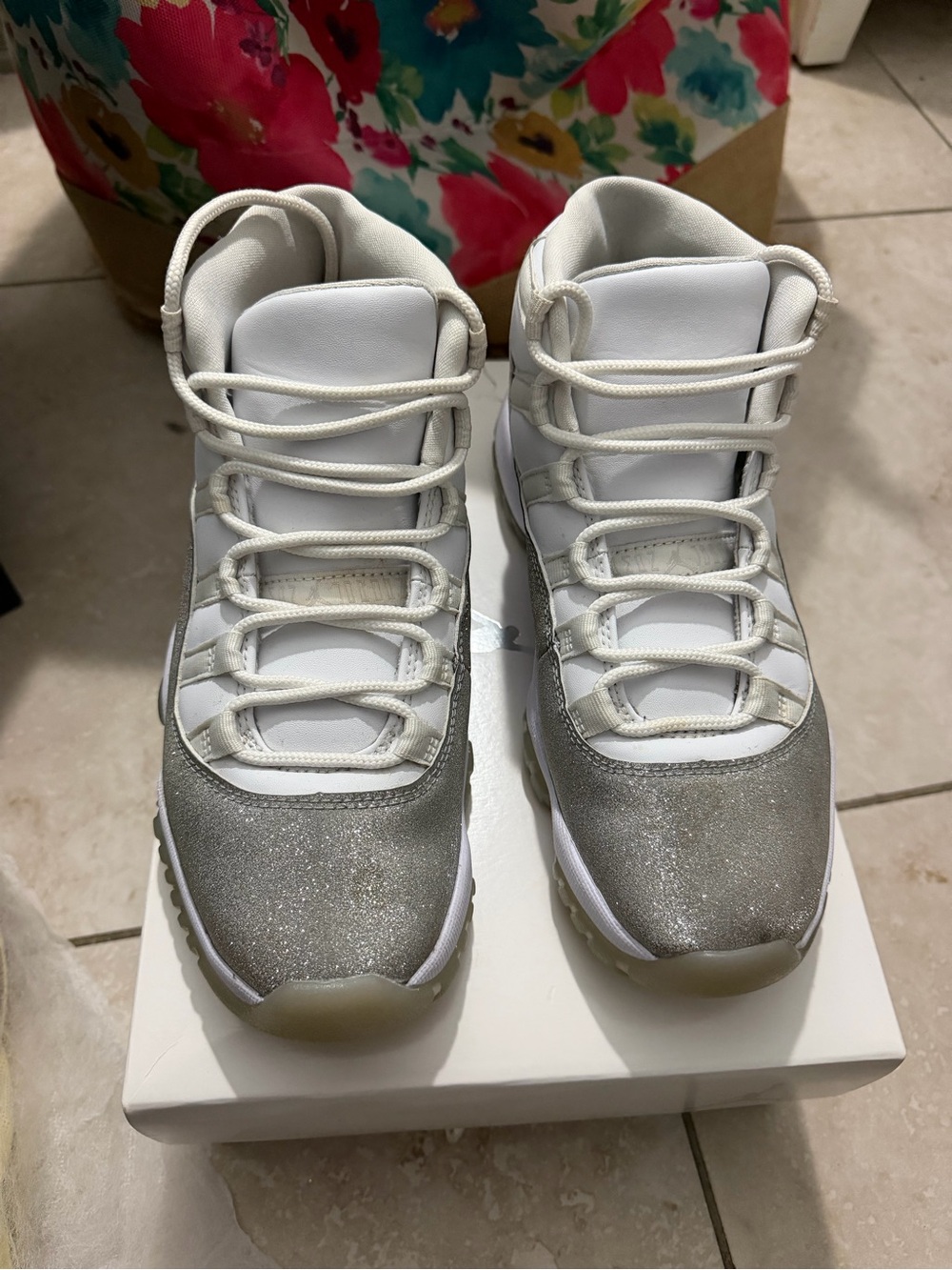 Jordan White and Silver Glitter 11s